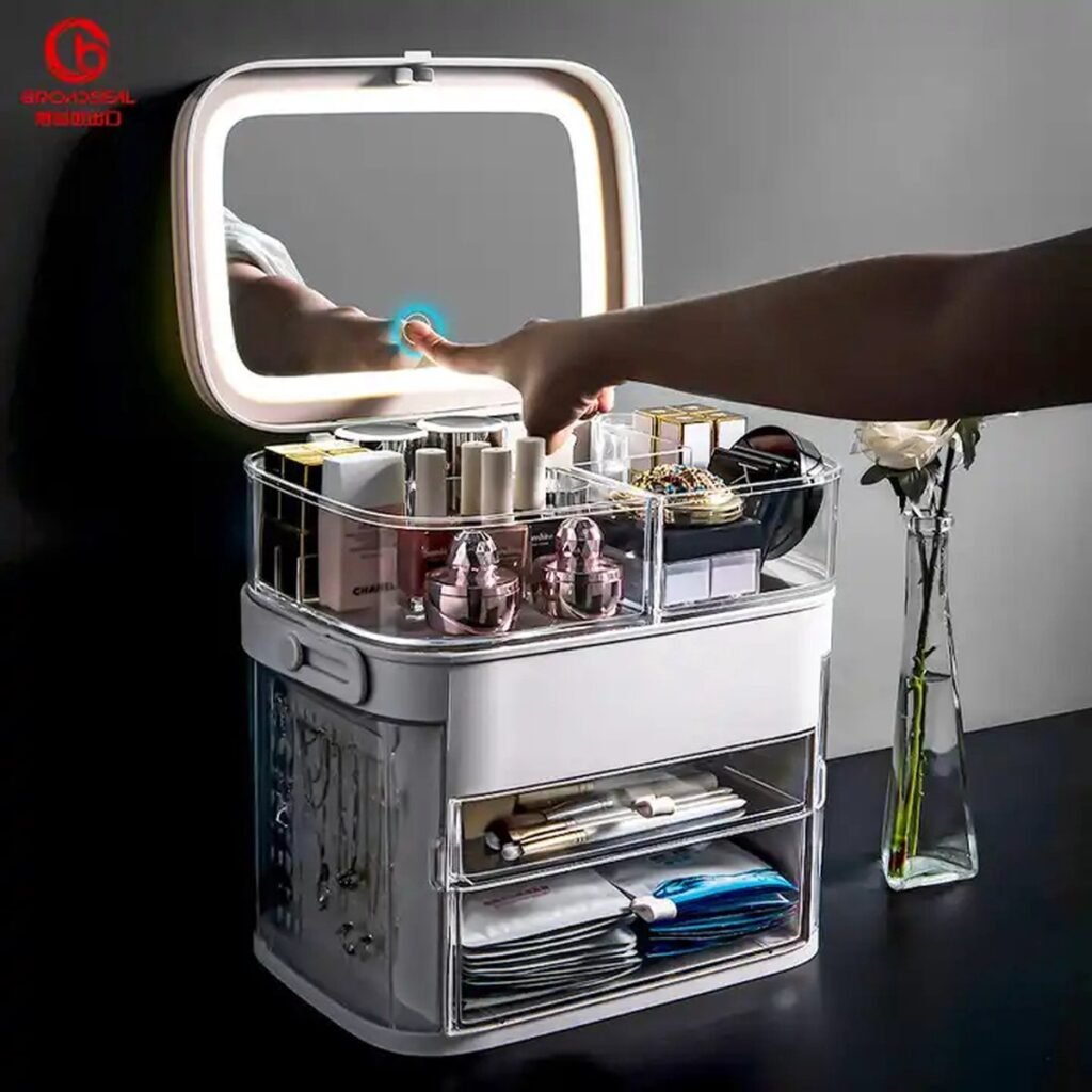 Make-up Organiser with LED Light and Mirror – Cosmetics Organiser White with Drawers