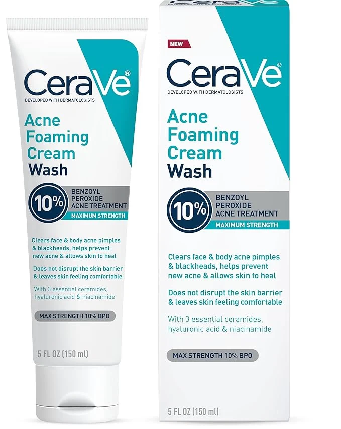 CeraVe – Acne Foaming Cream Wash with 10% Benzoyl Peroxide – for Face and Body – 150 ml