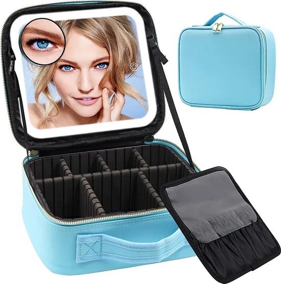 Make-up Organiser Bag with LED Mirror Blue Cosmetic Bag Travel Make-up Case