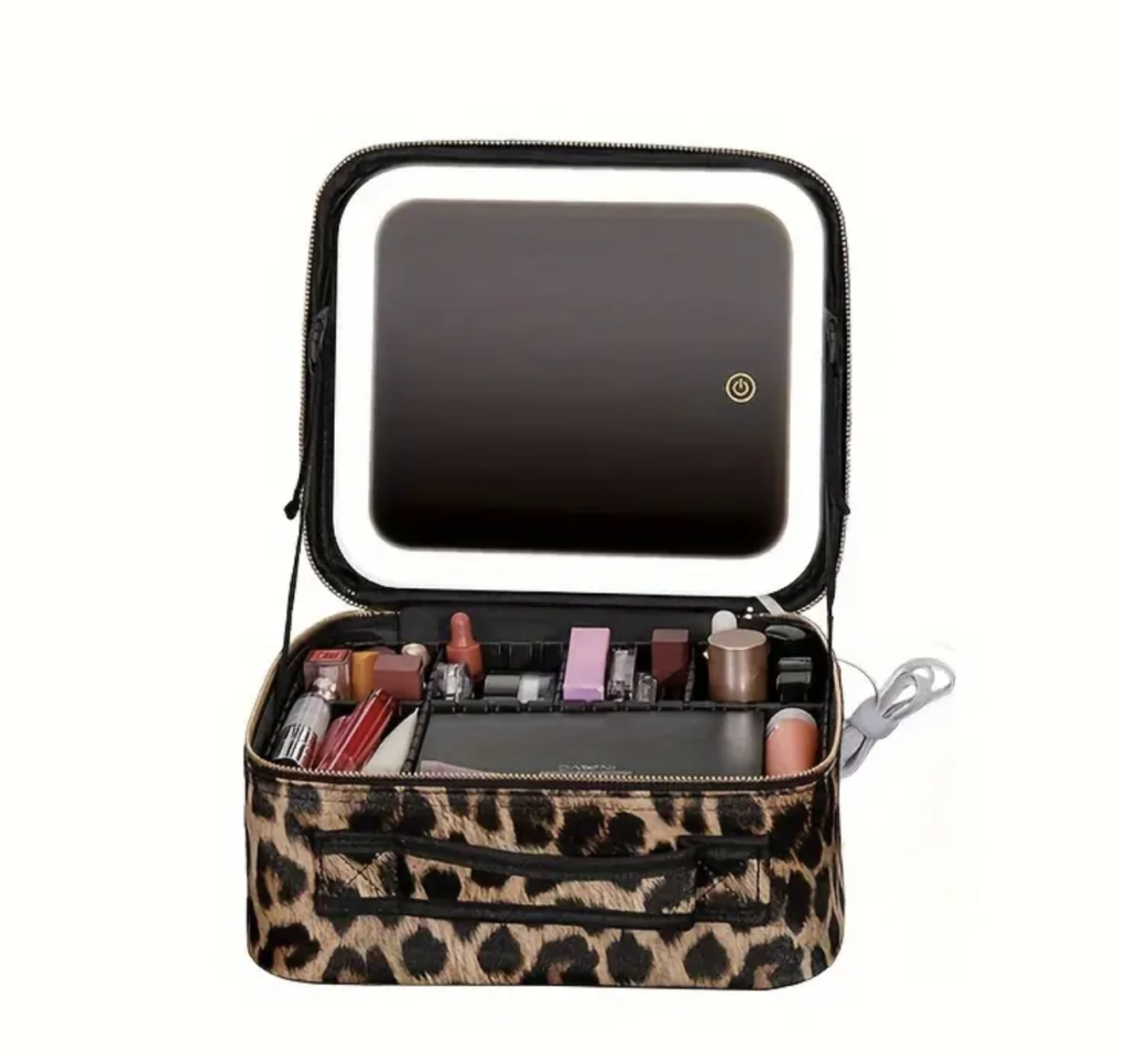 Make-up Organiser Bag with LED Mirror Panther Print Cosmetic Bag Travel Make-up Case