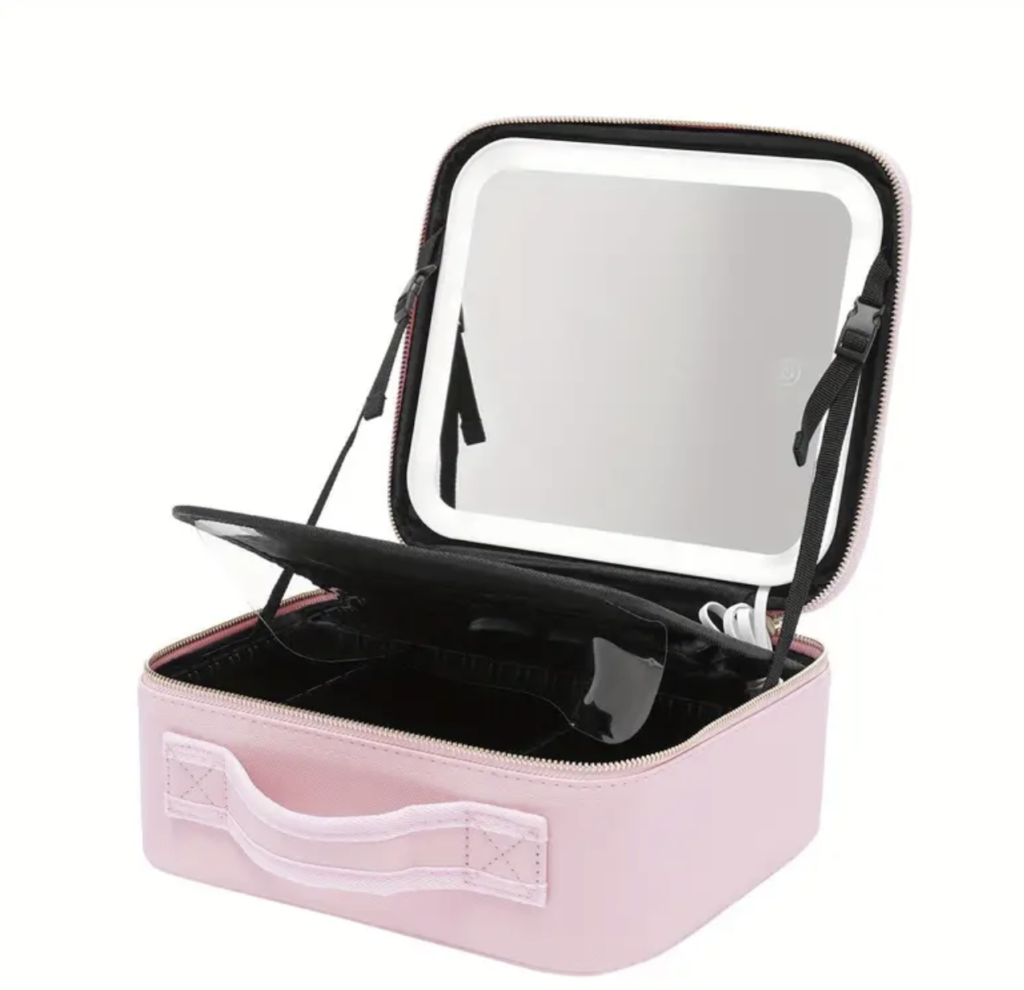 Make-up Organiser Bag with LED Mirror Pink Cosmetic Bag Travel Make-up Case