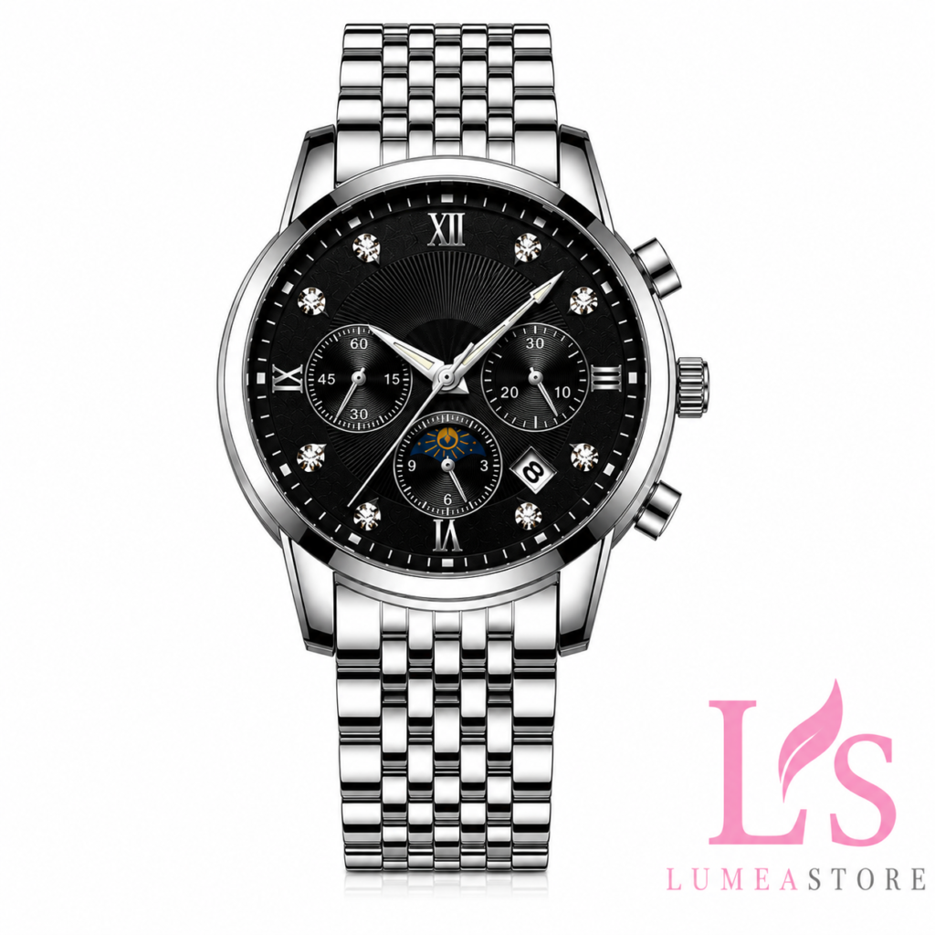 Luxury Men's Chronograph Watch – Black Dial – Silver Stainless Steel Bracelet – Premium Design