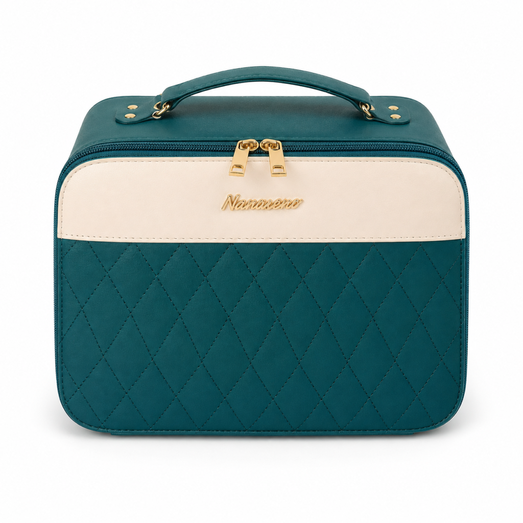 Portable Make-up Bag with LED Mirror – 3 Light Modes, Spacious Make-up Organiser – Green & Cream